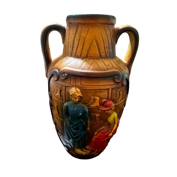 Vintage Norleans 3D Pottery Vase Double Handle Urn Horse Drawn Carriage 8" READ - Picture 4 of 7